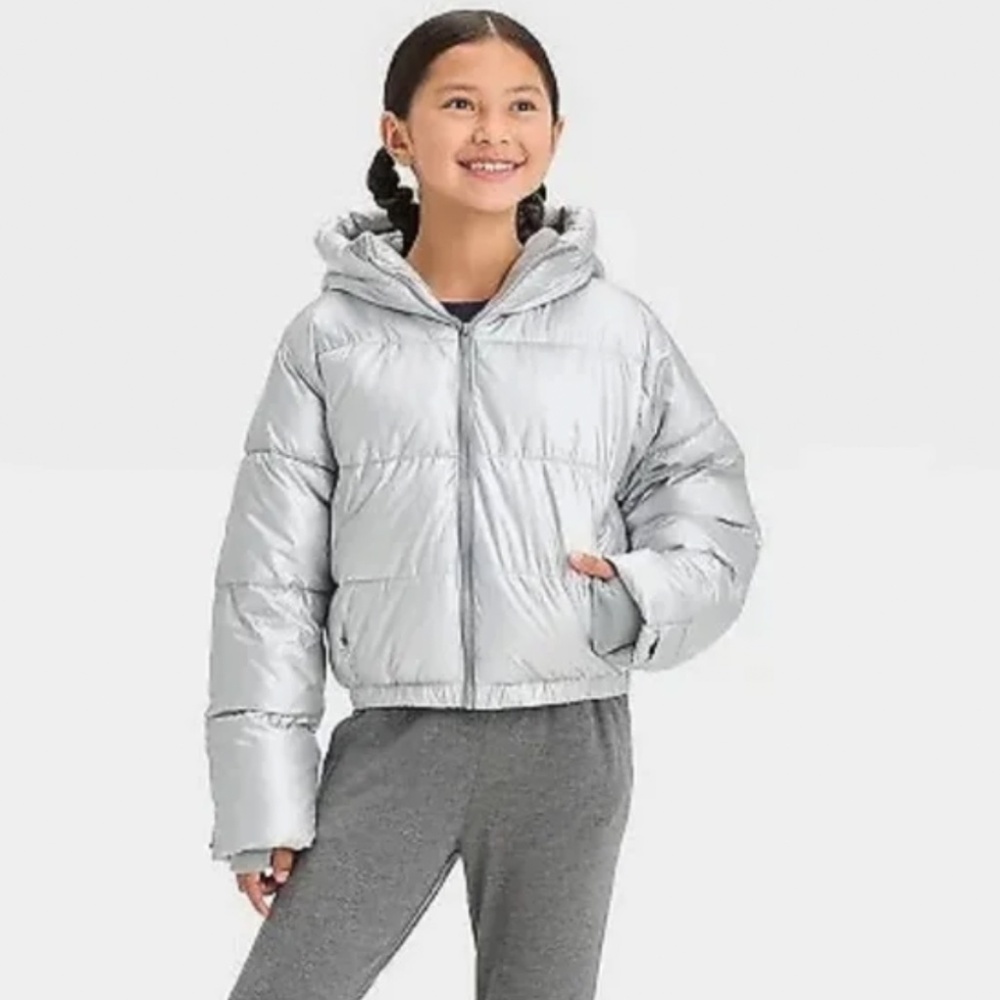 All in Motion Girls’ Metallic Silver Puffer Jacket – Size XL (14)